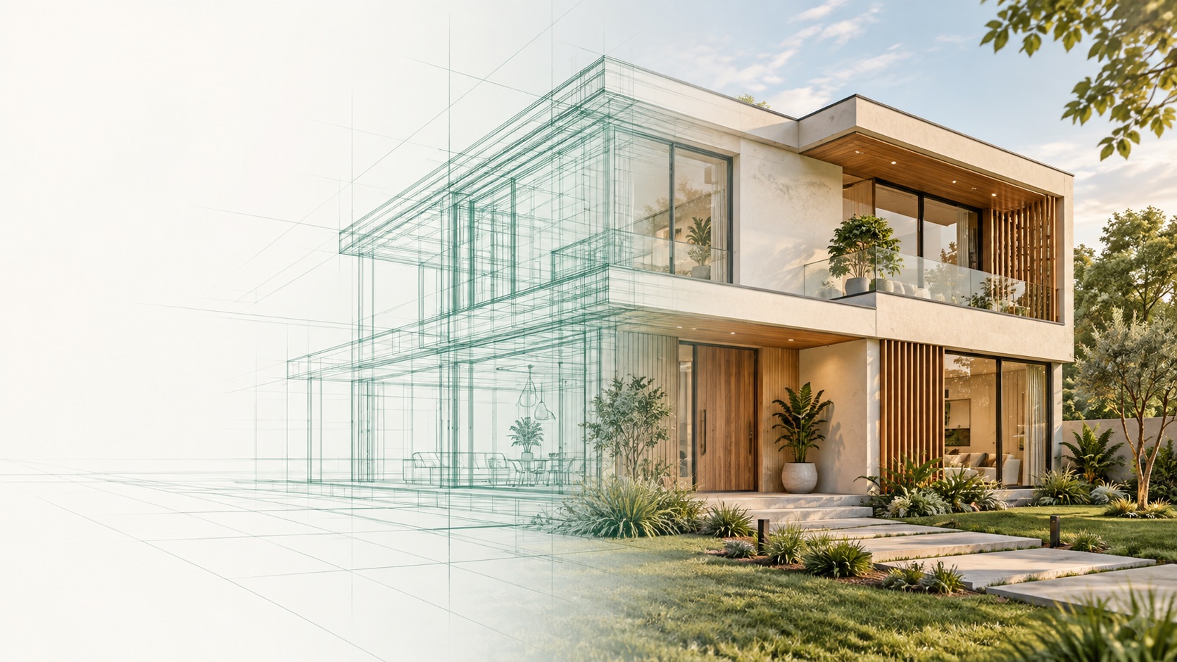 Casa contemporânea em transição para linhas de desenho arquitetônico.